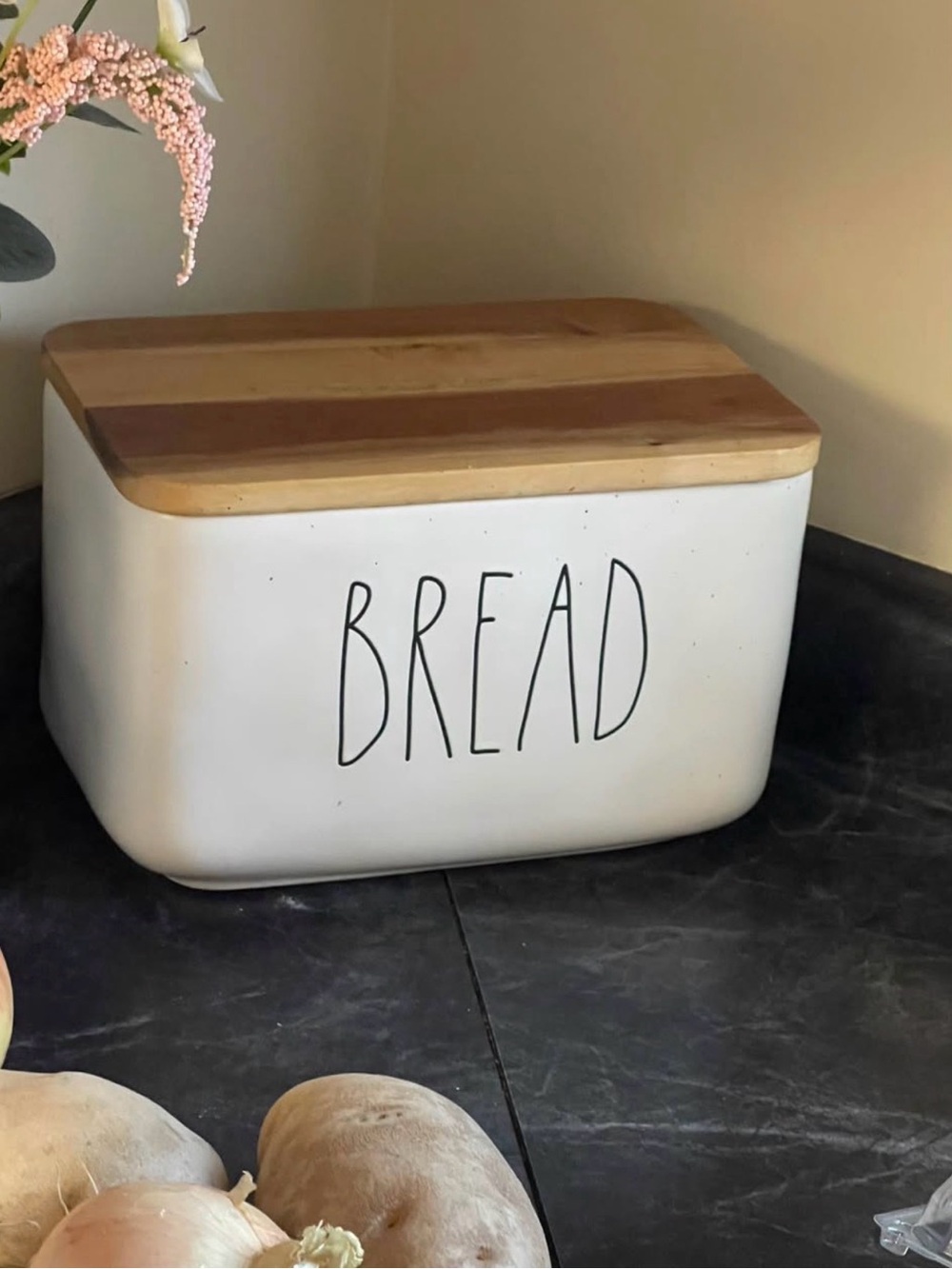 Rae Dunn White Ceramic Bread Box with Wood-Tone Lid
